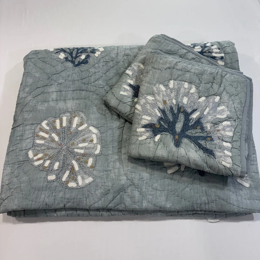 Pottery Barn Coral Reef Quilt Set Euro Shams Full Queen Embroidered | Coastal